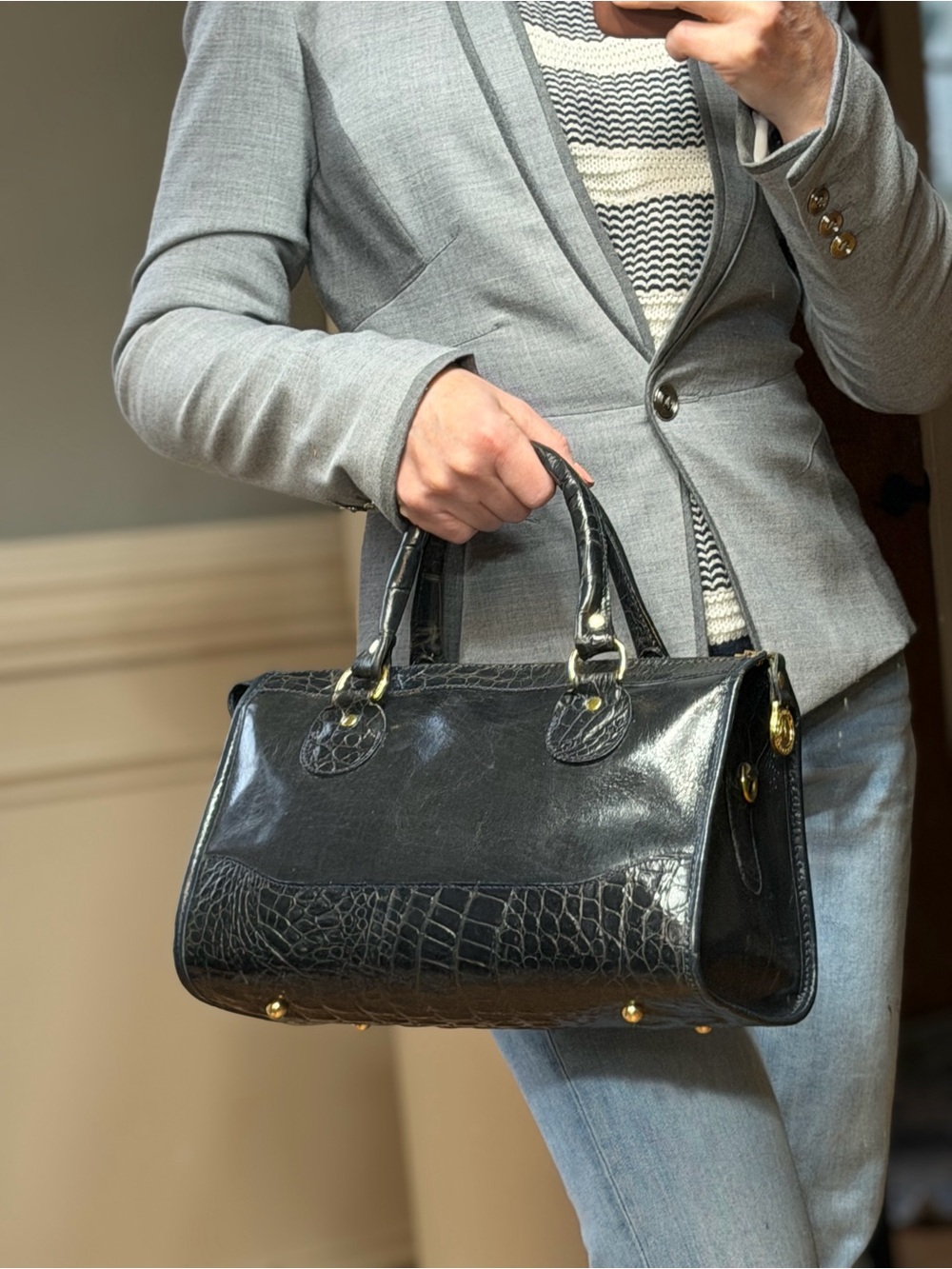 Brahmin Vintage 1990s Classic Navy Croc Leather Satchel Bag (VGVC)